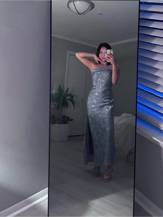 Thirty Thirty Dresses & Skirts - Strapless Floral Light Blue Jacquard Maxi Dress with Side Slit